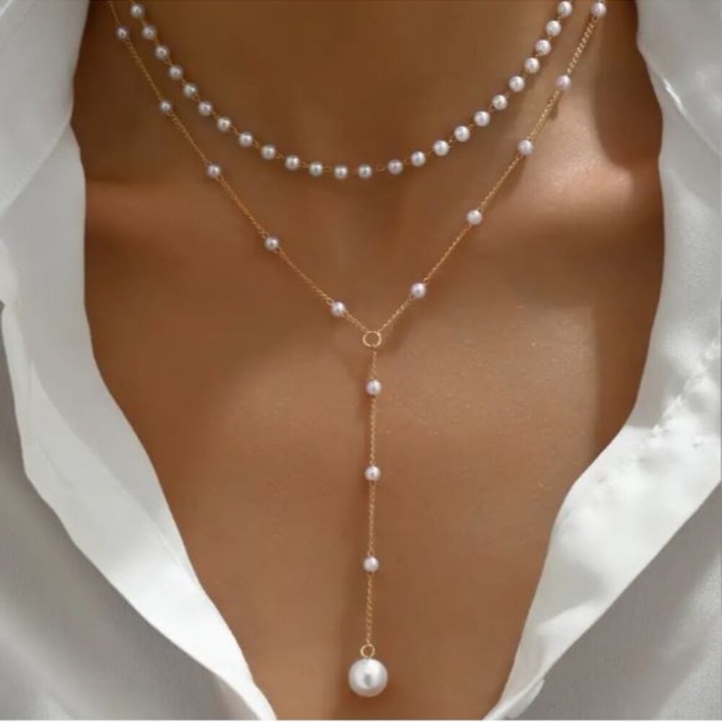 New 18k Gold Plated Layered Pearl Drop Y-Necklace 39$